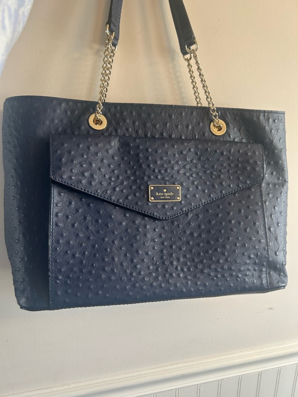 kate spade Navy Faux Ostrich Envelope-Front Tote with Gold Chain Handles